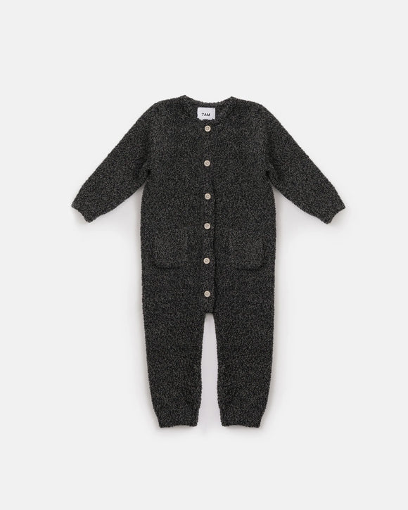 7 A.M. Enfant Fuzzy Long Sleeve Romper - Black Melange - Twinkle Twinkle Little One