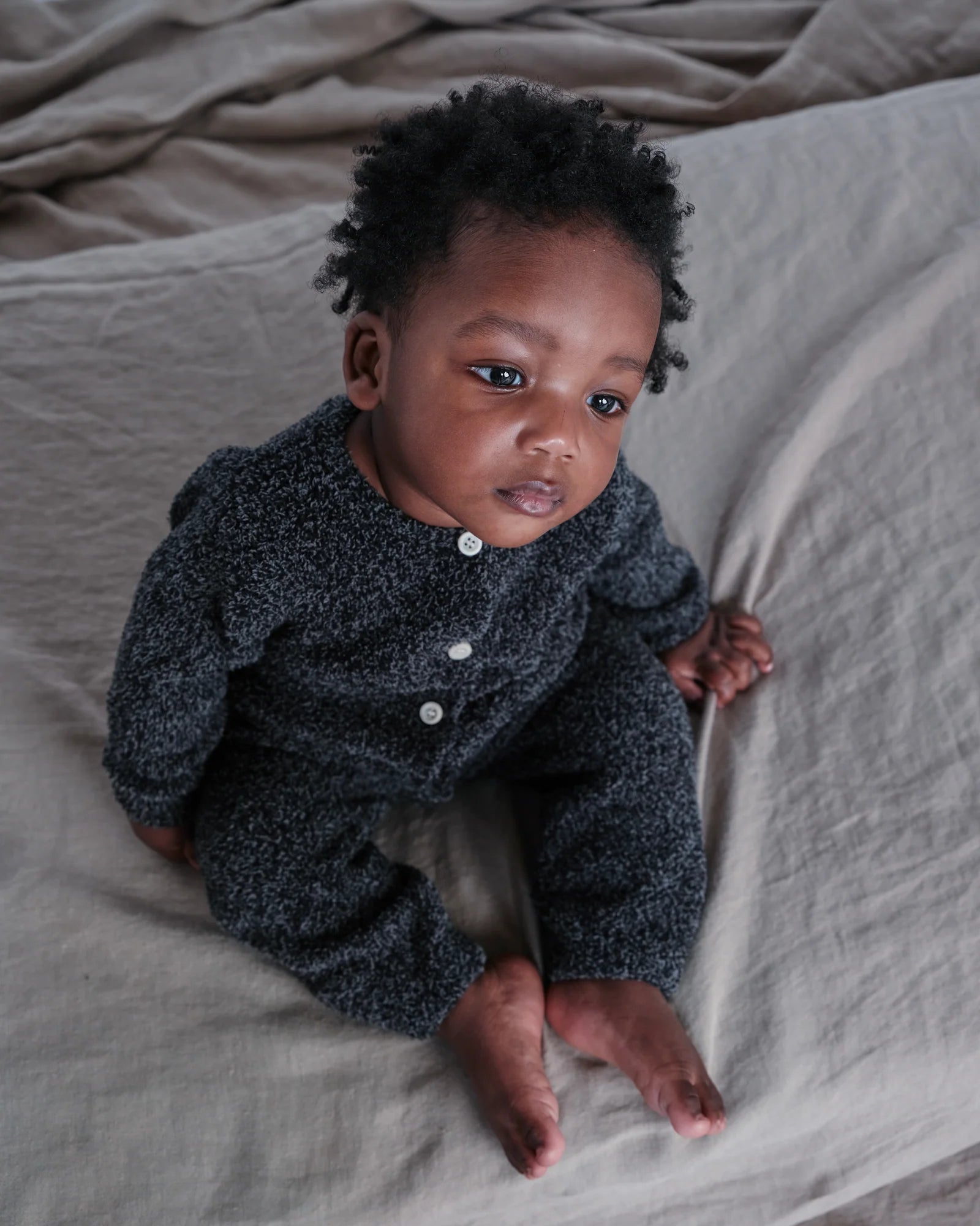 7 A.M. Enfant Fuzzy Long Sleeve Romper - Black Melange