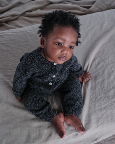 7 A.M. Enfant Fuzzy Long Sleeve Romper - Black Melange - Twinkle Twinkle Little One