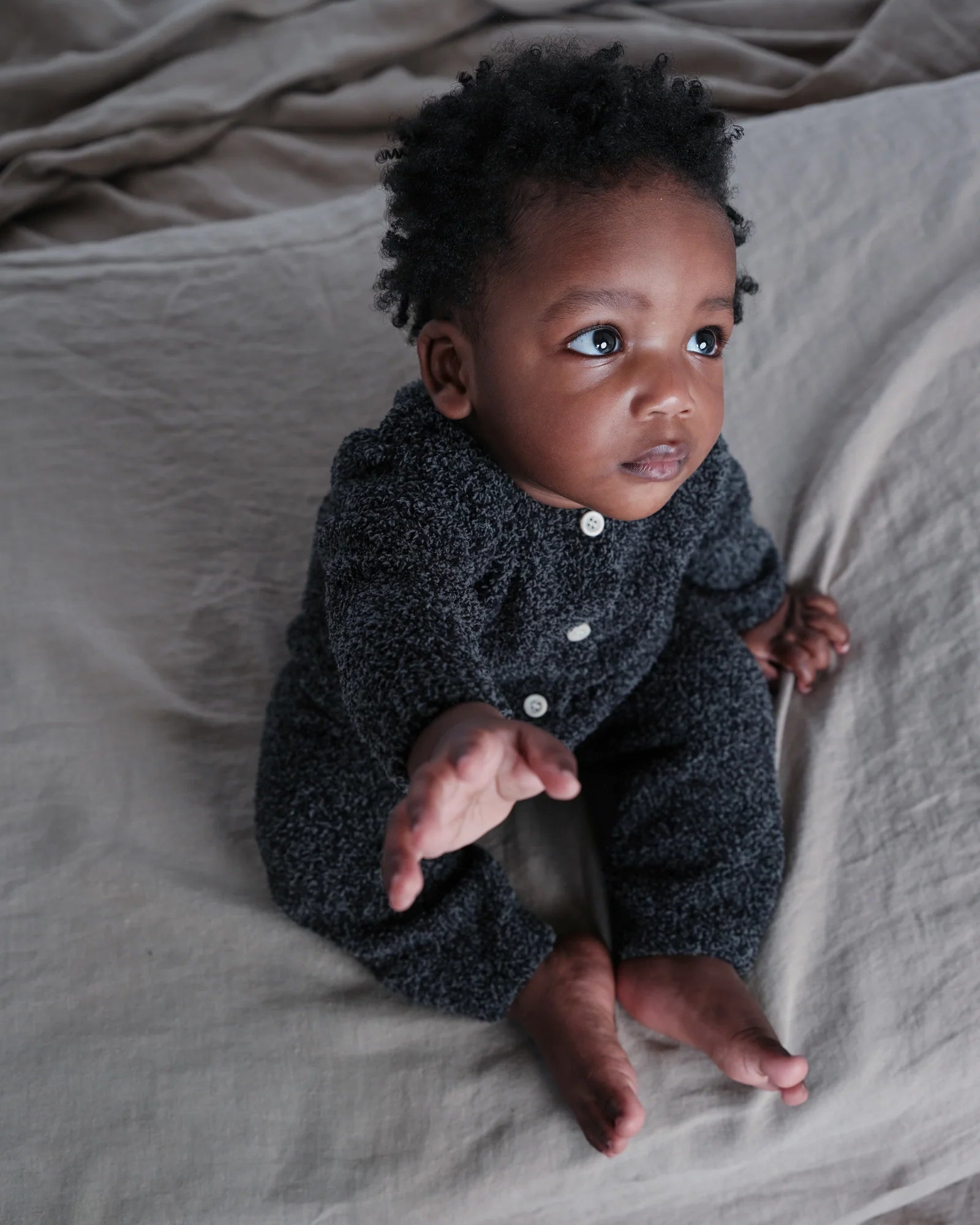 7 A.M. Enfant Fuzzy Long Sleeve Romper - Black Melange