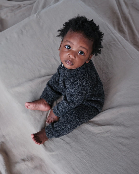 7 A.M. Enfant Fuzzy Long Sleeve Romper - Black Melange - Twinkle Twinkle Little One