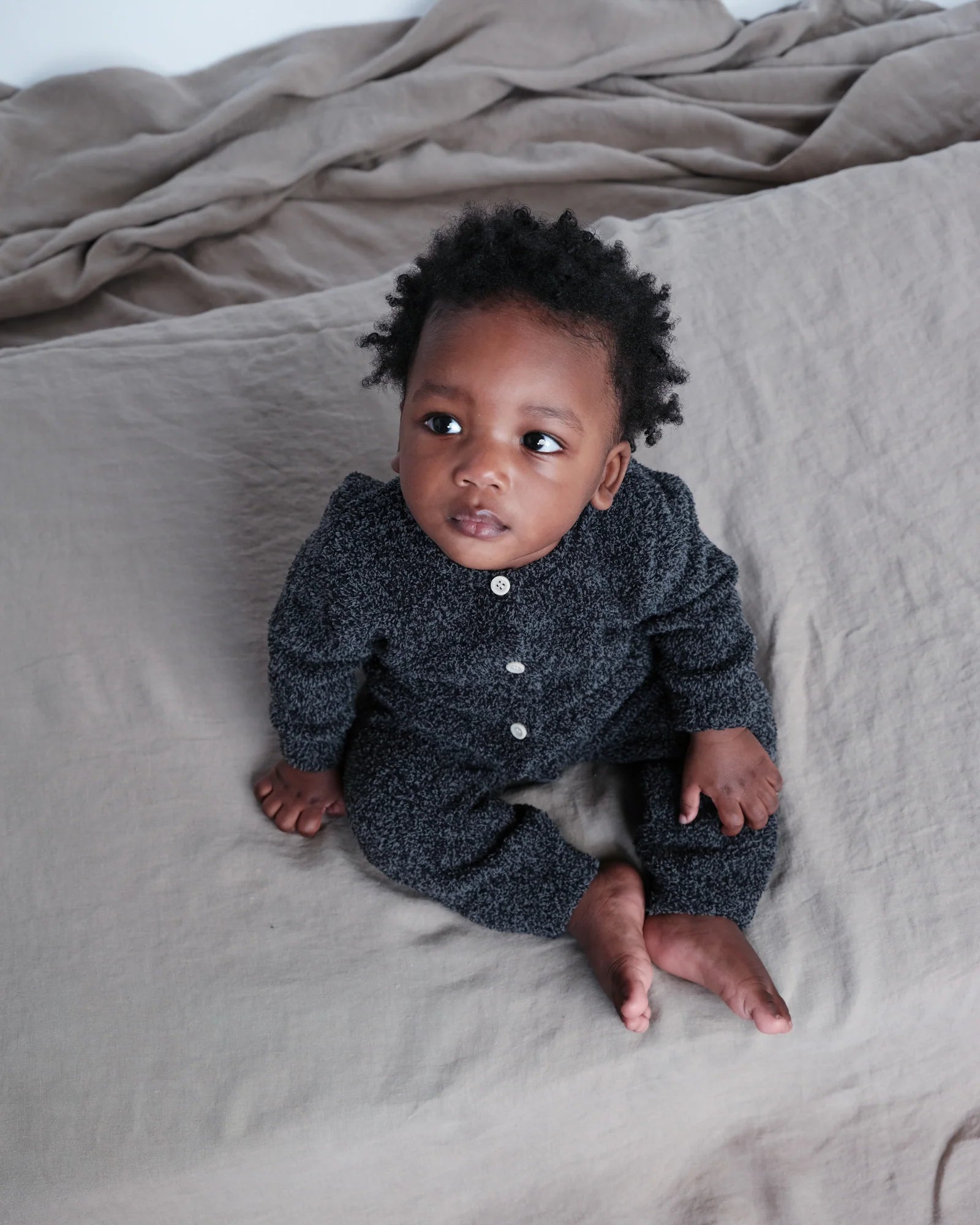 7 A.M. Enfant Fuzzy Long Sleeve Romper - Black Melange