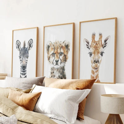 Thin Framed Safari Nursery Art Prints: Zebra, Leopard, Giraffe - Set of 3