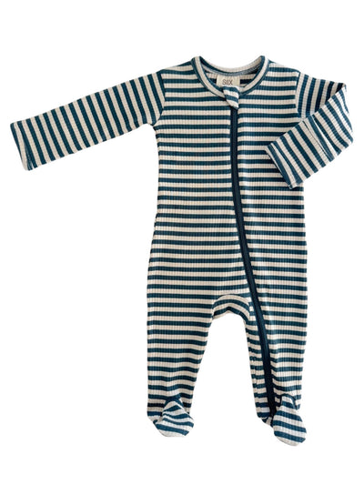 Steel Blue Stripe  Organic Ribbed Zip Footie - Twinkle Twinkle Little One