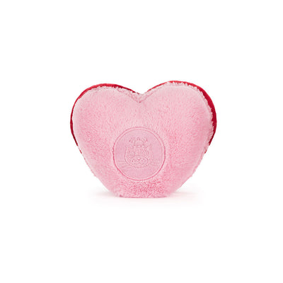 Heart-shaped pink plush toy with a brand logo on a white background