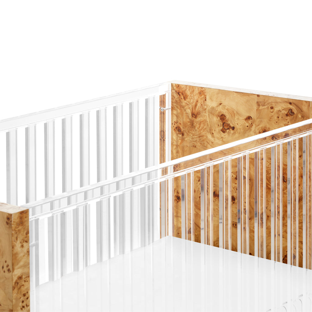 Altair Crib in Clear Acrylic with Burl - Twinkle Twinkle Little One