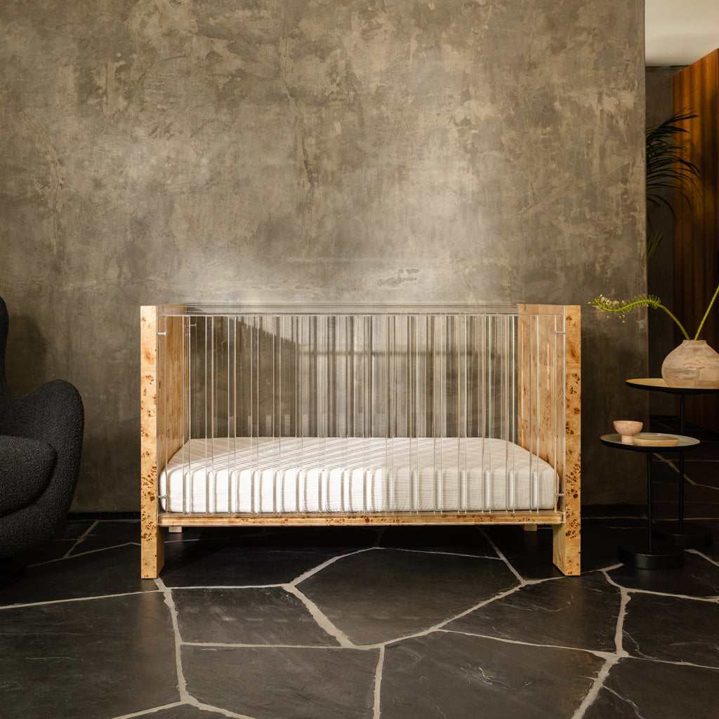 Altair Crib in Clear Acrylic with Burl - Twinkle Twinkle Little One