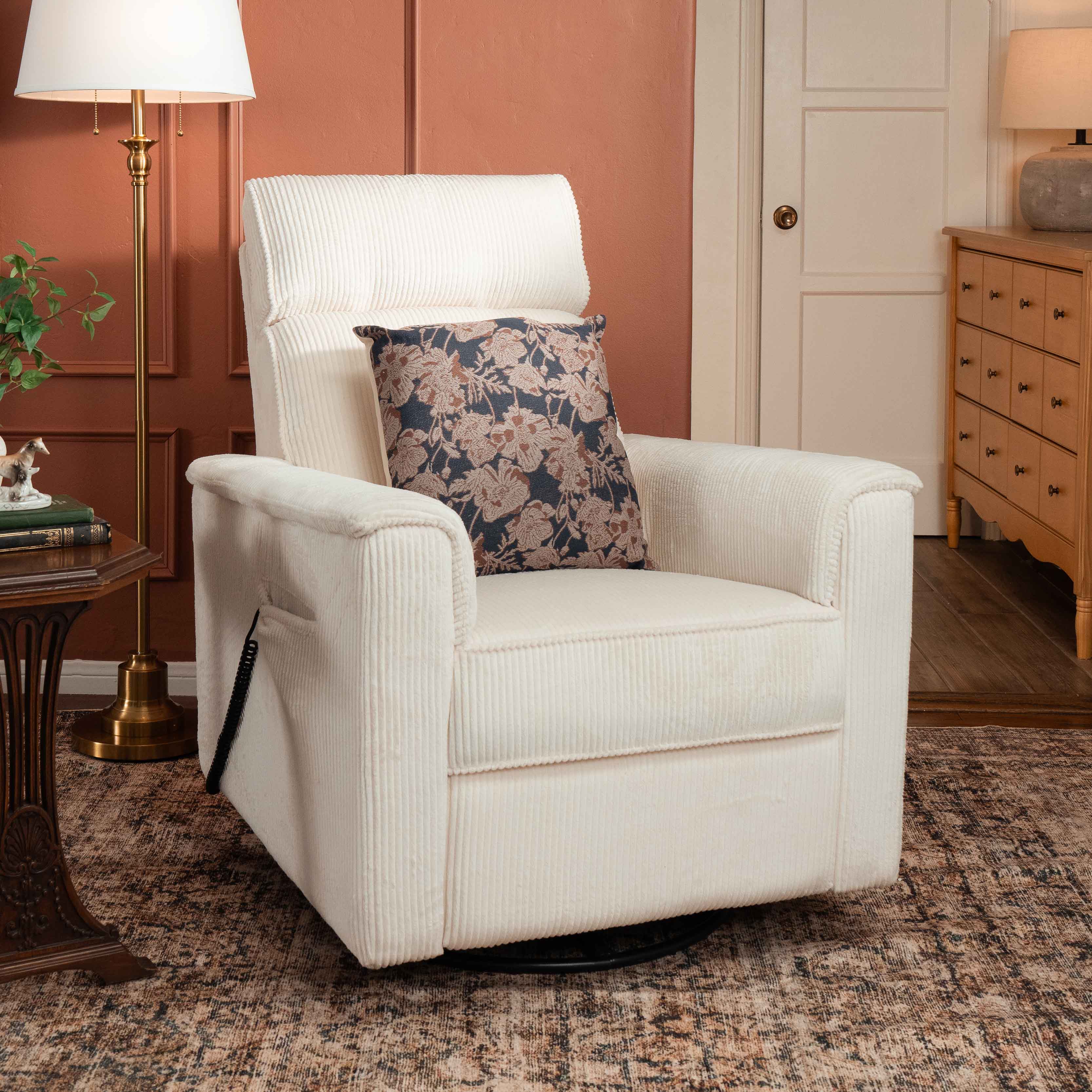 Monogram by Namesake Willa Deluxe Power Recliner and Swivel Glider with Heat + Massage | Ivory Corduroy | EXCLUSIVE!