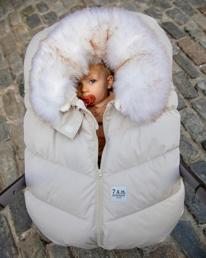 7 A.M. Enfant Car Seat Cocoon - Tundra Heather Beige White Faux Fur - Twinkle Twinkle Little One