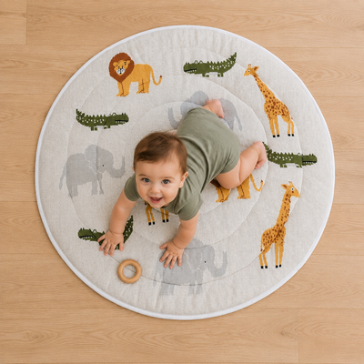 Safari Friends Organic Cotton Knit Baby Padded Round Play Mat - Natural