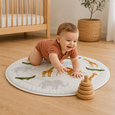 Safari Friends Organic Cotton Knit Baby Padded Round Play Mat - Natural