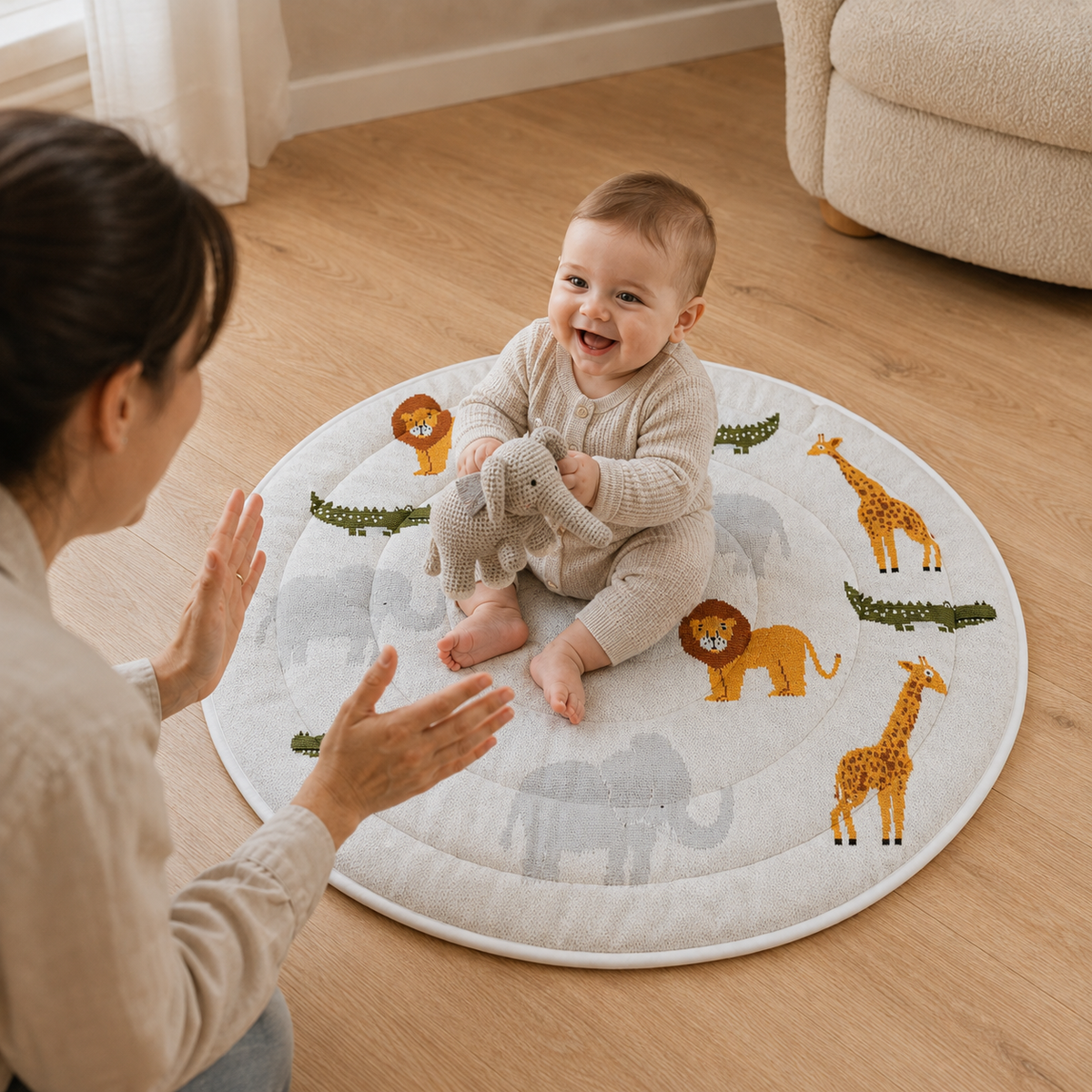 Safari Friends Organic Cotton Knit Baby Padded Round Play Mat - Natural