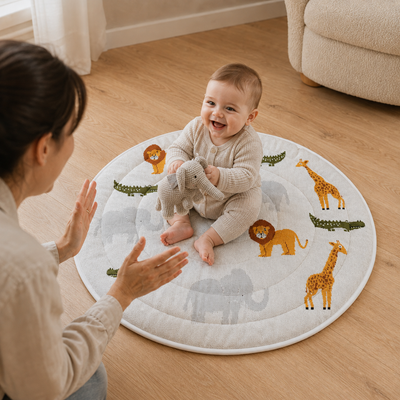 Safari Friends Organic Cotton Knit Baby Padded Round Play Mat - Natural
