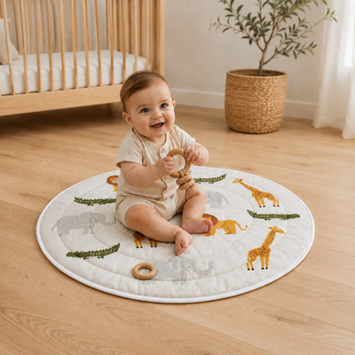 Safari Friends Organic Cotton Knit Baby Padded Round Play Mat - Natural