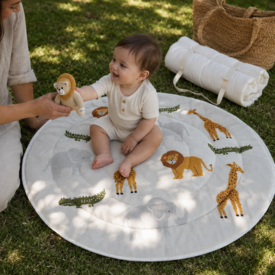 Safari Friends Organic Cotton Knit Baby Padded Round Play Mat - Natural