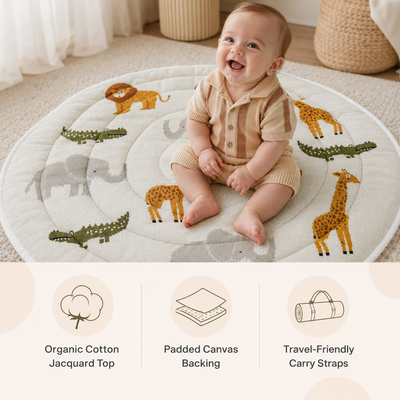 Safari Friends Organic Cotton Knit Baby Padded Round Play Mat - Natural