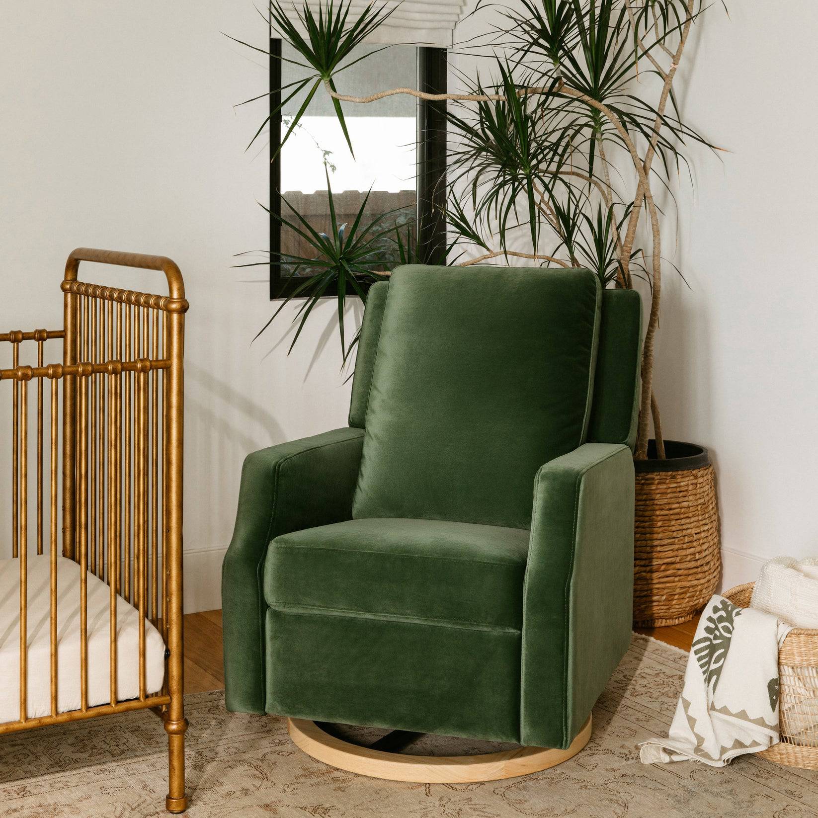 Crewe Recliner & Swivel Glider - Forest Green Velvet w/ Light Wood Base - Twinkle Twinkle Little One