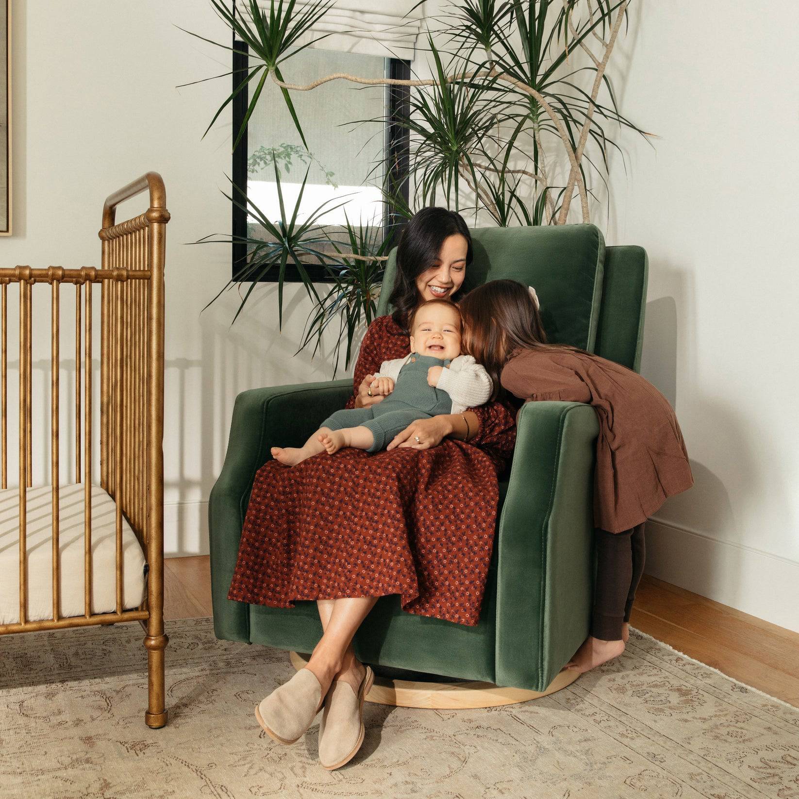 Crewe Recliner & Swivel Glider - Forest Green Velvet w/ Light Wood Base - Twinkle Twinkle Little One