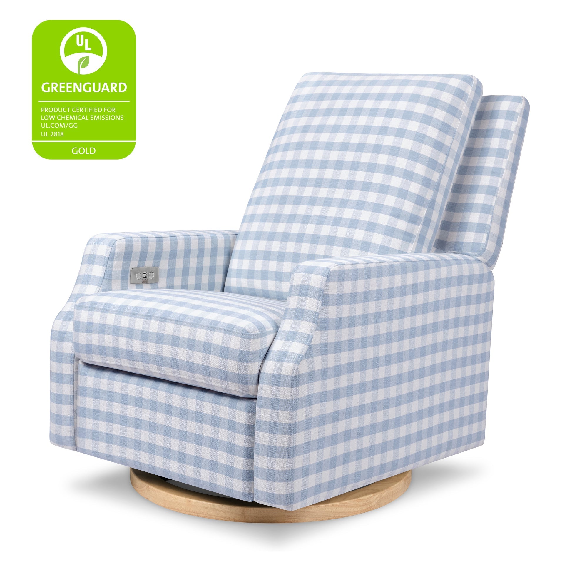 Buy blue-gingham-with-light-wood-base Crewe Electronic Swivel Glider Recliner