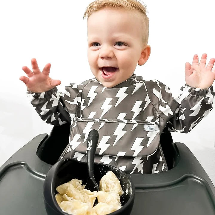 The Grayson Long Sleeve Bib - Lightning Bolts - Powder Blue - Twinkle Twinkle Little One