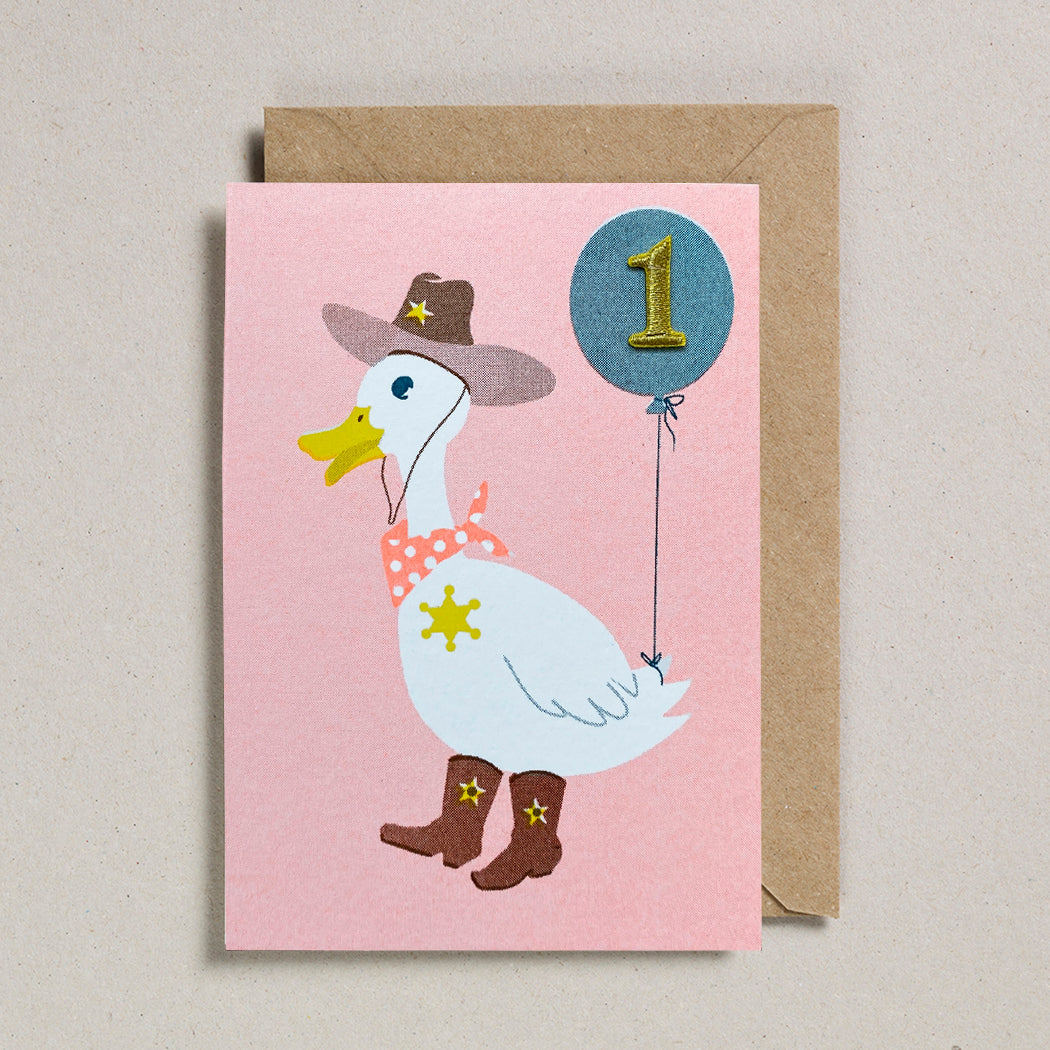 Cute Cowboy Duck Age 1 Card - First Birthday Card