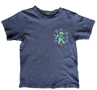 Black t-shirt with a green bear graphic and text on a white background