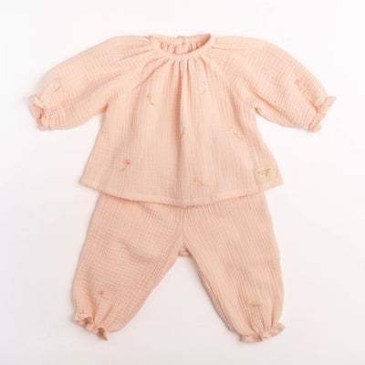 Gauze Two Piece Set in Embroidered Flowers