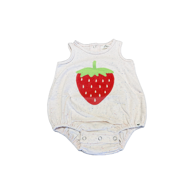 Baby romper with strawberry design on a white background