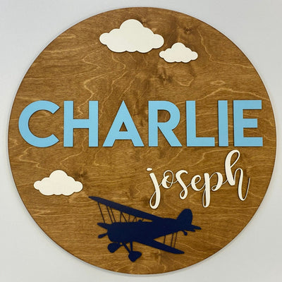 Sugar + Maple Round Personalized Name Sign | Airplane - Twinkle Twinkle Little One