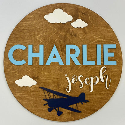 Sugar + Maple Round Personalized Name Sign | Airplane - Twinkle Twinkle Little One