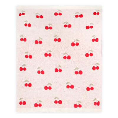 Pattern of red cherries on a light pink background