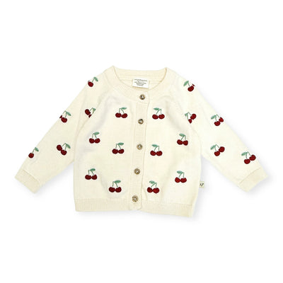 Cream-colored cardigan with cherry pattern on a white background