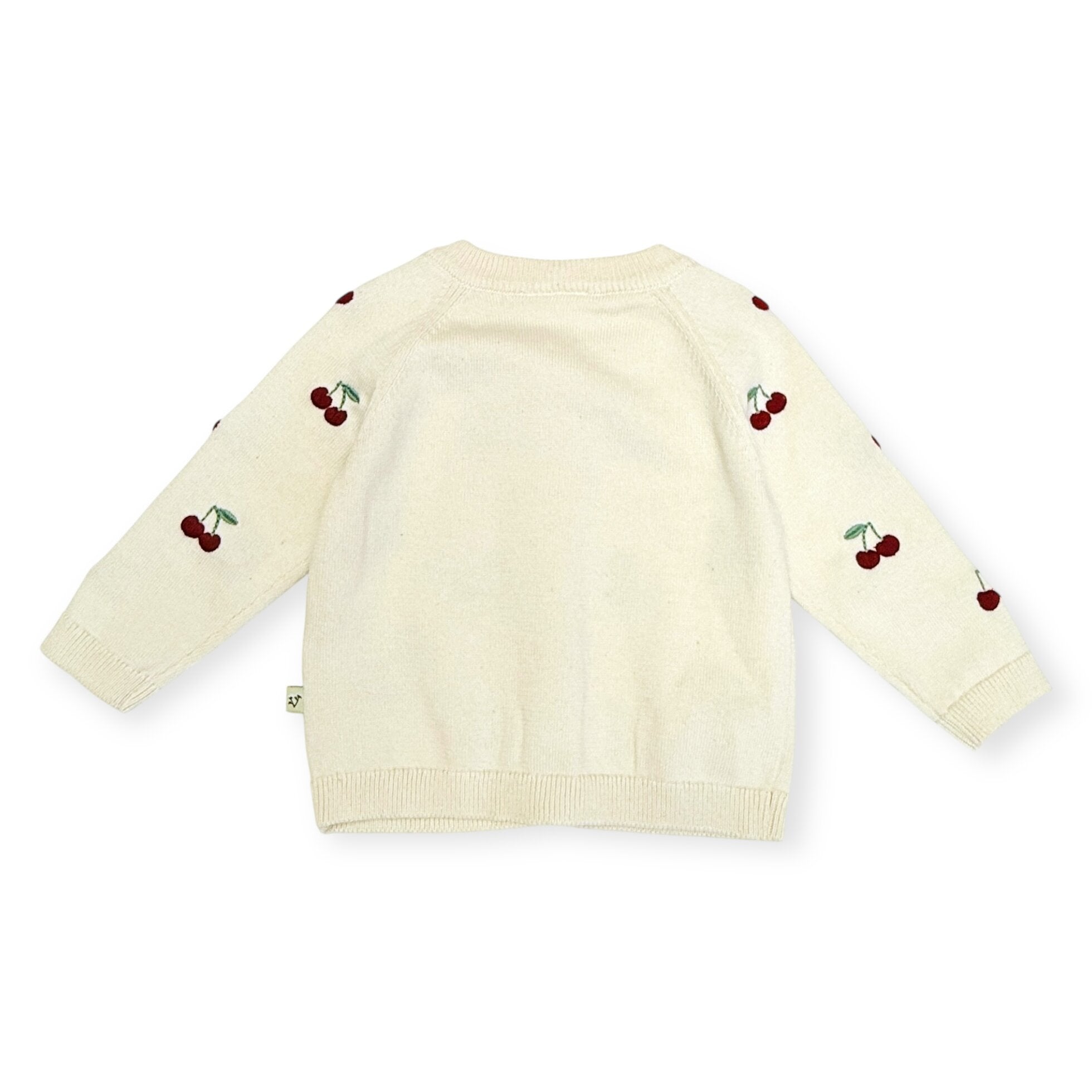 Cream-colored cardigan with cherry embroidery on a white background