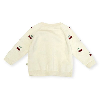 Cream-colored cardigan with cherry embroidery on a white background