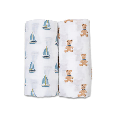 Lulujo Cotton Swaddles - VINTAGE TEDDY BEARS & SAILBOATS - Twinkle Twinkle Little One