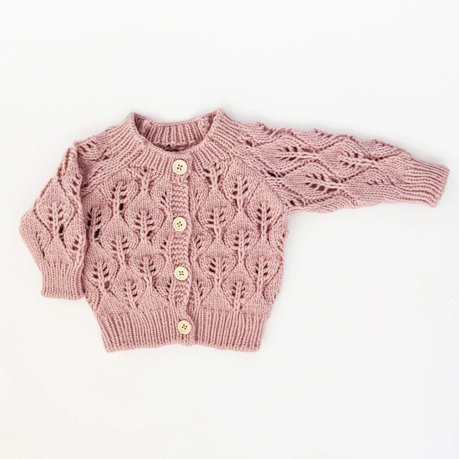 Leaf Lace Hand Knit Cardigan Sweater Rosy Pink - Twinkle Twinkle Little One