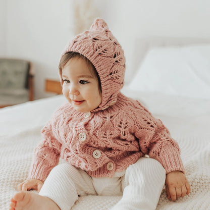 Leaf Lace Hand Knit Cardigan Sweater Rosy Pink - Twinkle Twinkle Little One