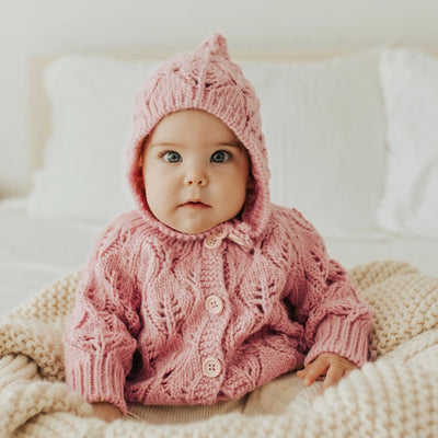 Leaf Lace Hand Knit Cardigan Sweater Rosy Pink - Twinkle Twinkle Little One