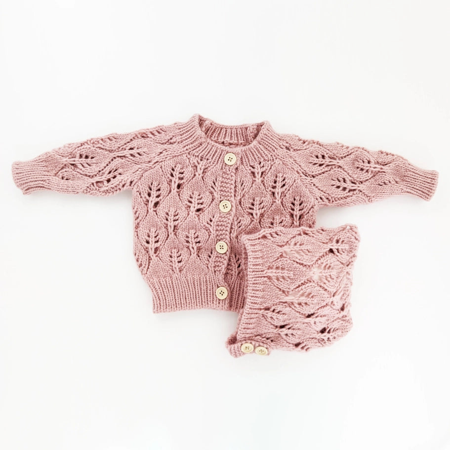 Leaf Lace Hand Knit Cardigan Sweater Rosy Pink - Twinkle Twinkle Little One
