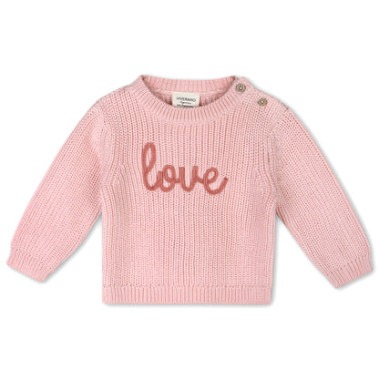 Love Embroidered Chunky Knit Baby Pullover Sweater & Pant Set - Blush Pink & Berry - Twinkle Twinkle Little One