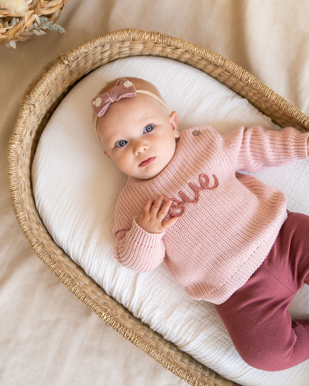 Love Embroidered Chunky Knit Baby Pullover Sweater & Pant Set - Blush Pink & Berry