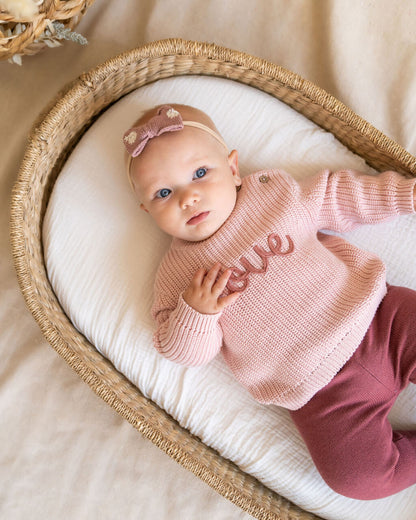 Love Embroidered Chunky Knit Baby Pullover Sweater & Pant Set - Blush Pink & Berry - Twinkle Twinkle Little One