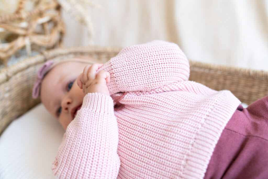 Love Embroidered Chunky Knit Baby Pullover Sweater & Pant Set - Blush Pink & Berry