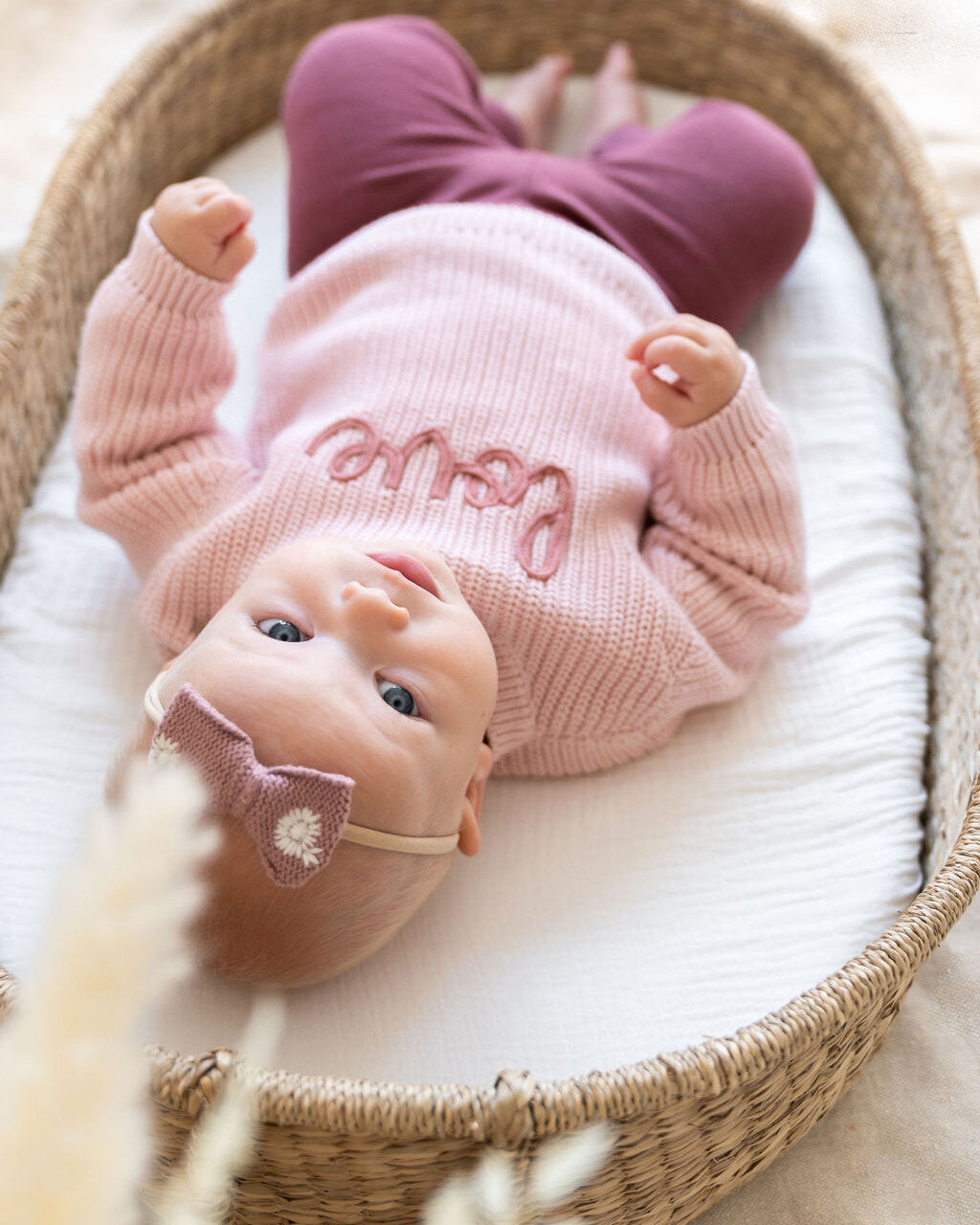 Love Embroidered Chunky Knit Baby Pullover Sweater & Pant Set - Blush Pink & Berry