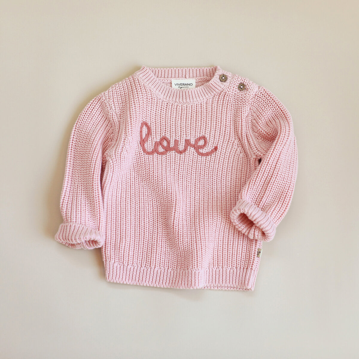 Love Embroidered Chunky Knit Baby Pullover Sweater & Pant Set - Blush Pink & Berry