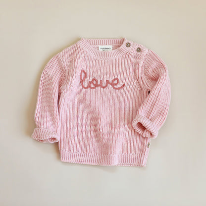 Love Embroidered Chunky Knit Baby Pullover Sweater & Pant Set - Blush Pink & Berry - Twinkle Twinkle Little One