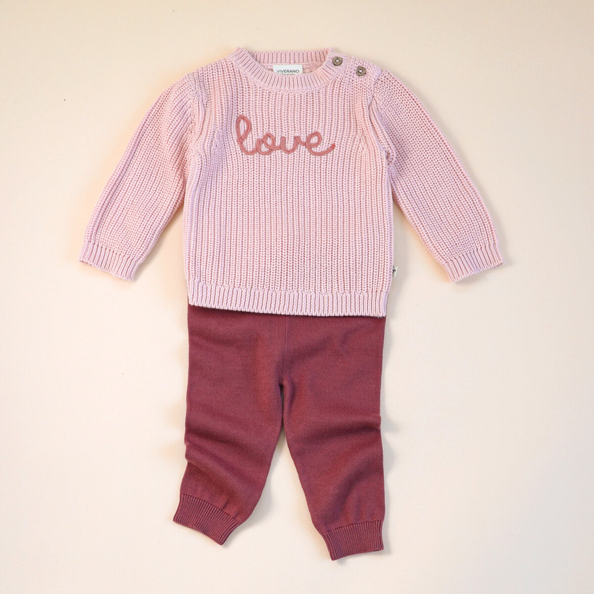 Love Embroidered Chunky Knit Baby Pullover Sweater & Pant Set - Blush Pink & Berry