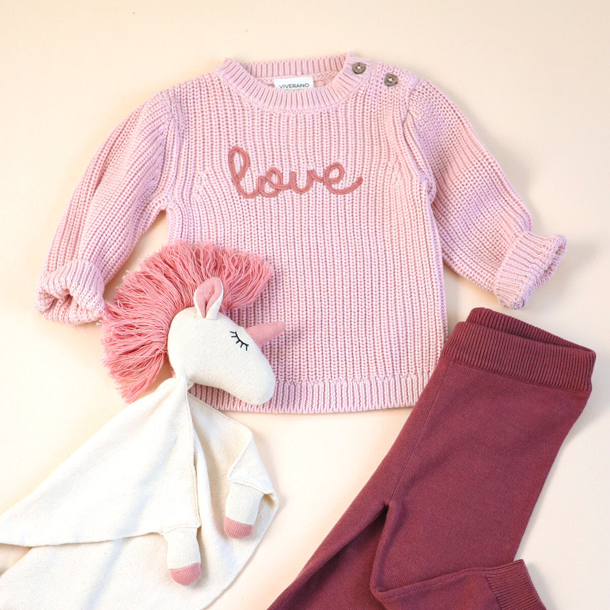 Love Embroidered Chunky Knit Baby Pullover Sweater & Pant Set - Blush Pink & Berry