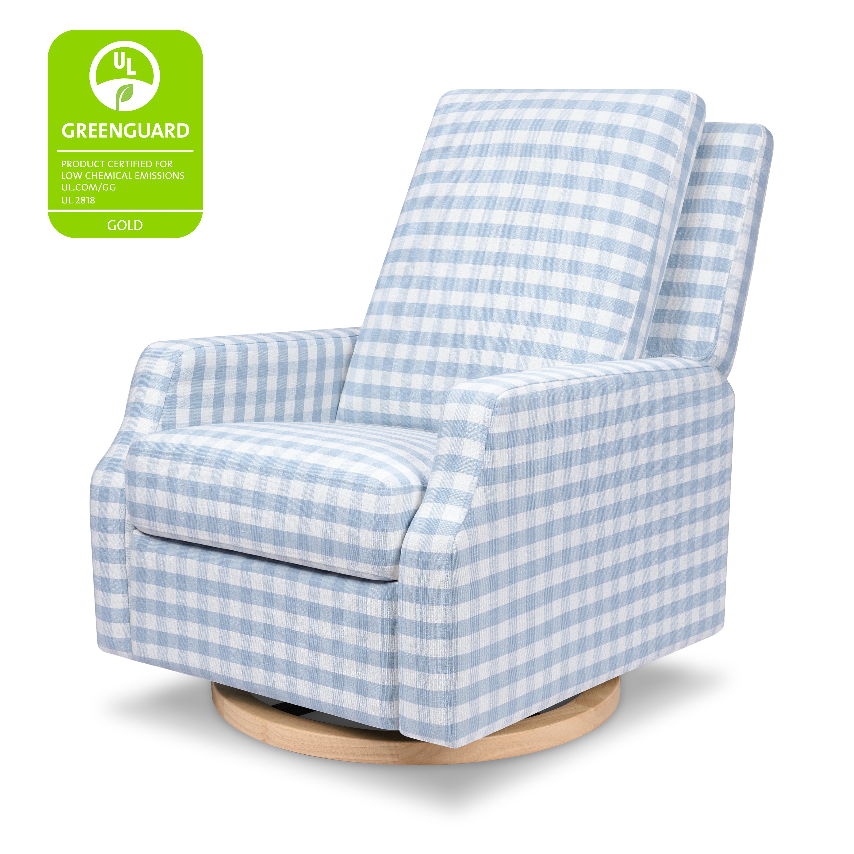 Crewe Recliner & Swivel Glider - Blue Gingham w/ Light Wood Base - 0