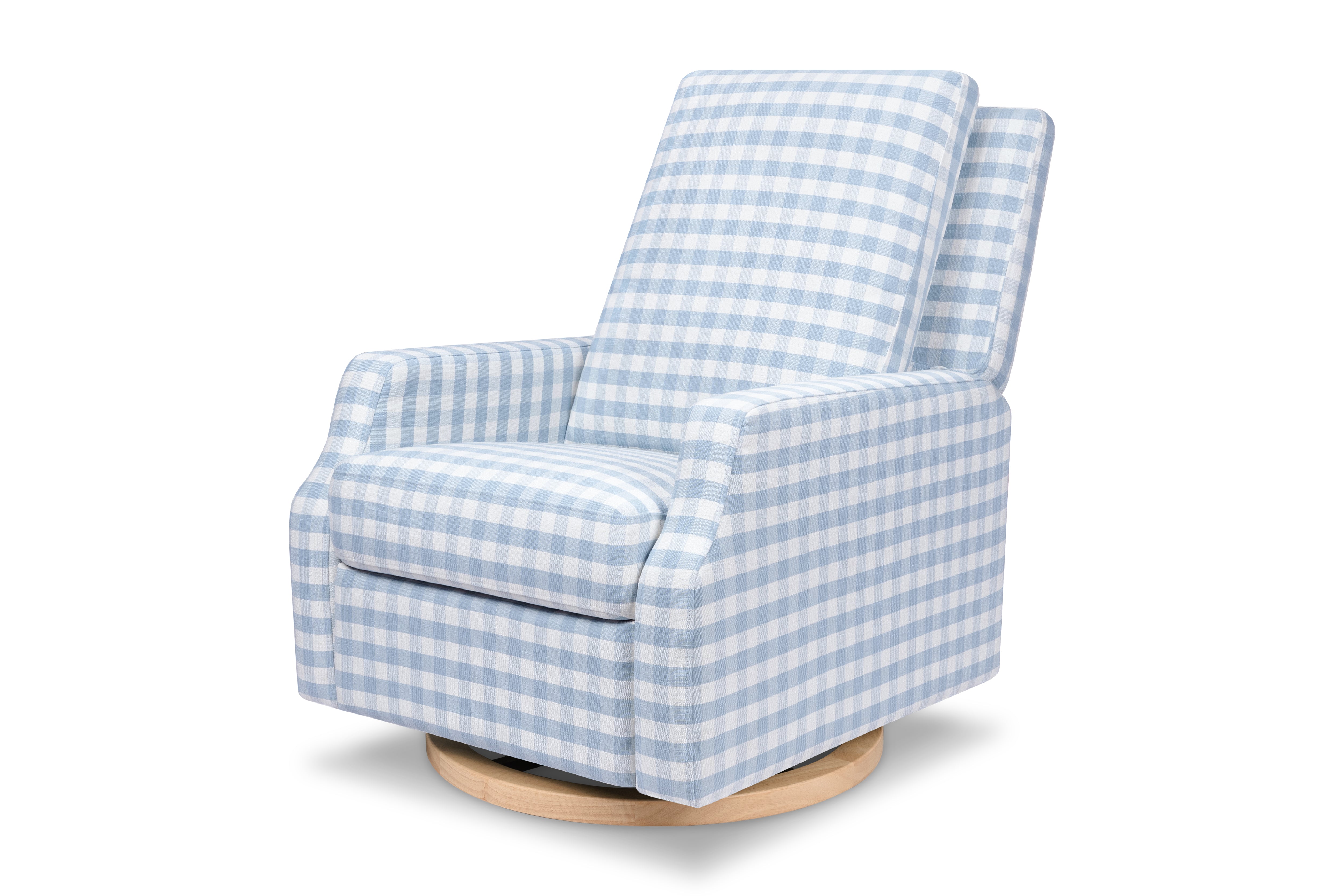 Crewe Recliner & Swivel Glider - Blue Gingham w/ Light Wood Base